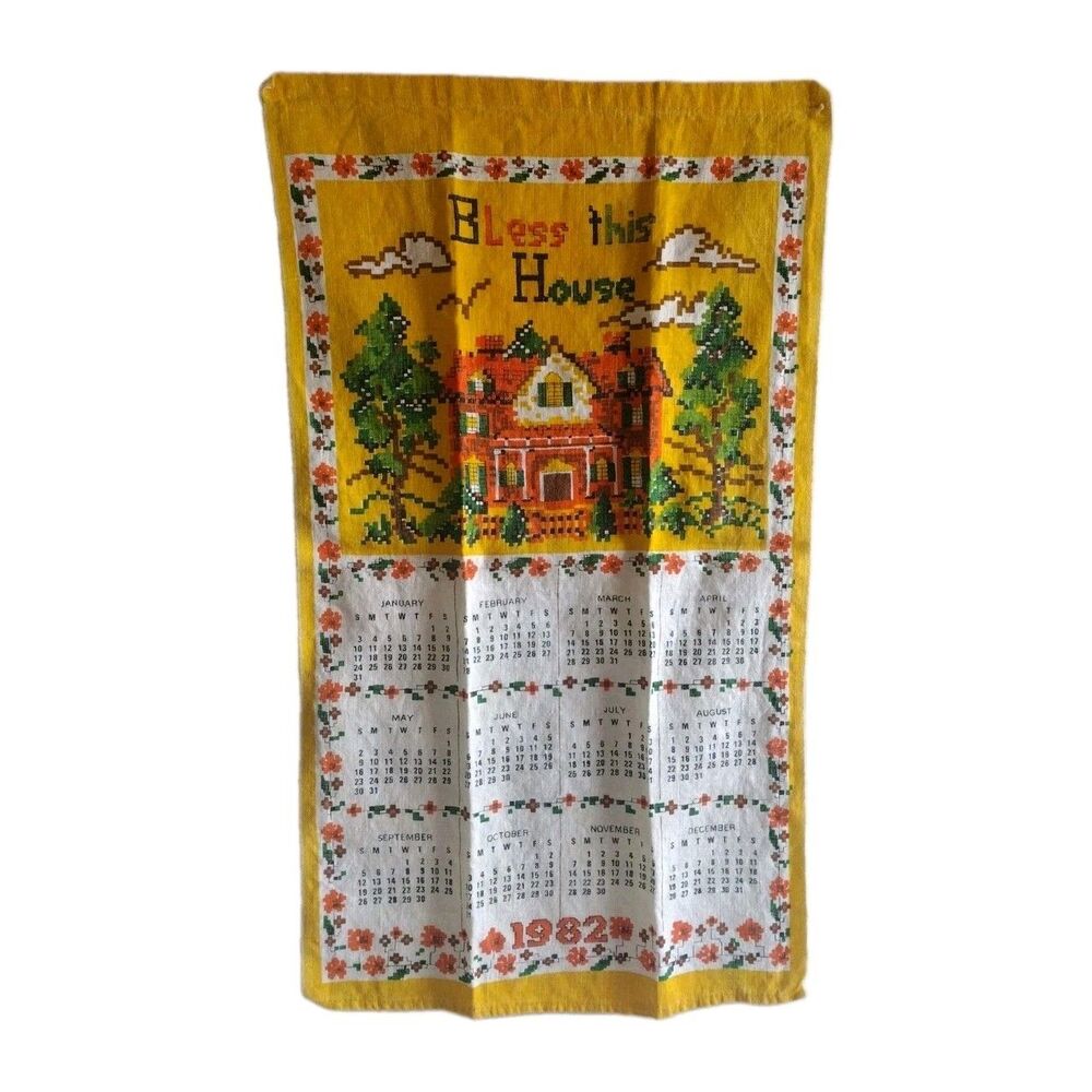 Vintage 1982 Bless This House Linen Calendar Tea Towel Wall Hanging Yellow 15x26